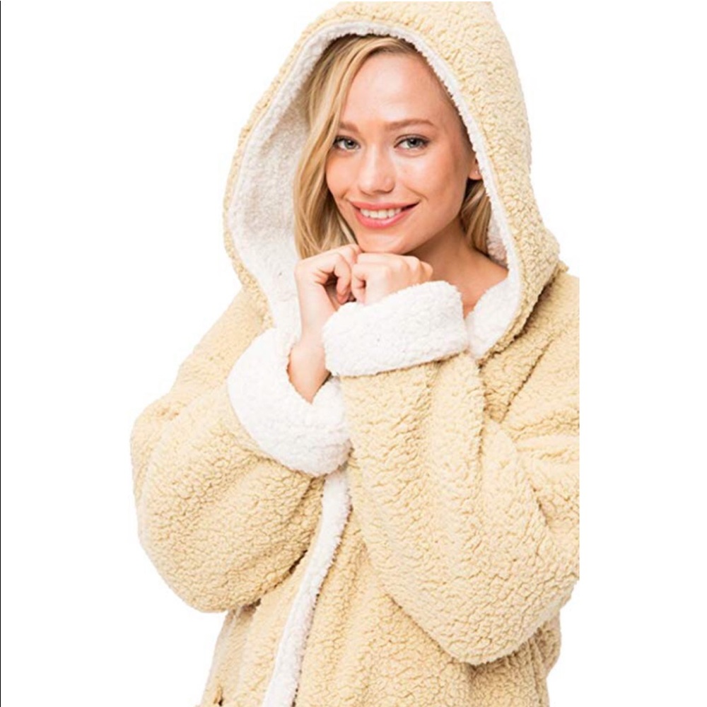 Reversible faux fur Sherpa teddy bear jacket beige - Picture 3 of 8